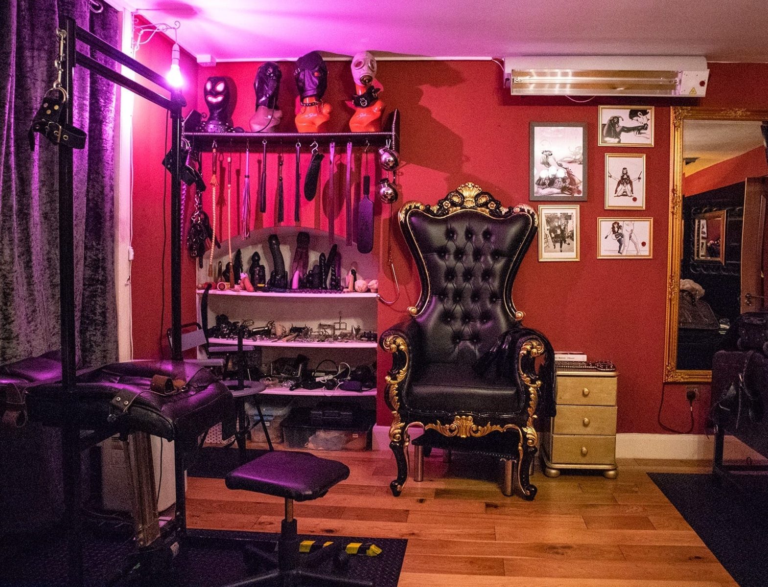 Main dungeon room with throne, stool, toy wall and purple lighting