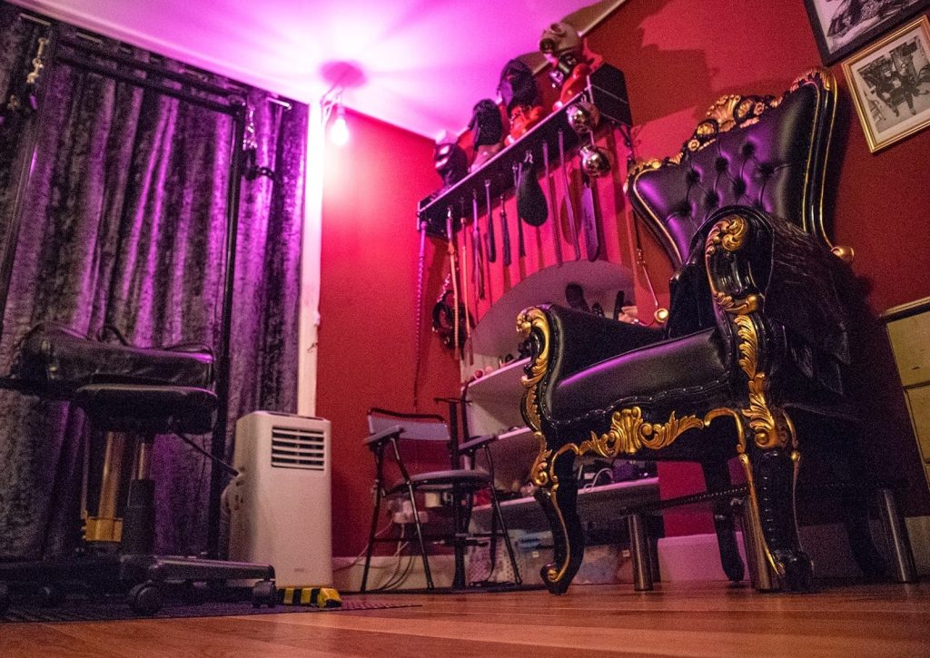 Throne and spanking bench under violet light
