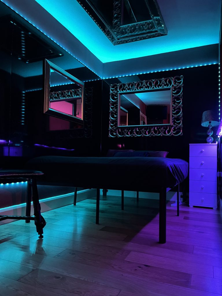 Bedroom bathed in blue light with mirrored ceiling panel and ornate mirror