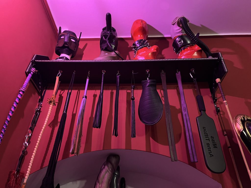 Close-up of hoods, canes, floggers and paddles on the wall rack