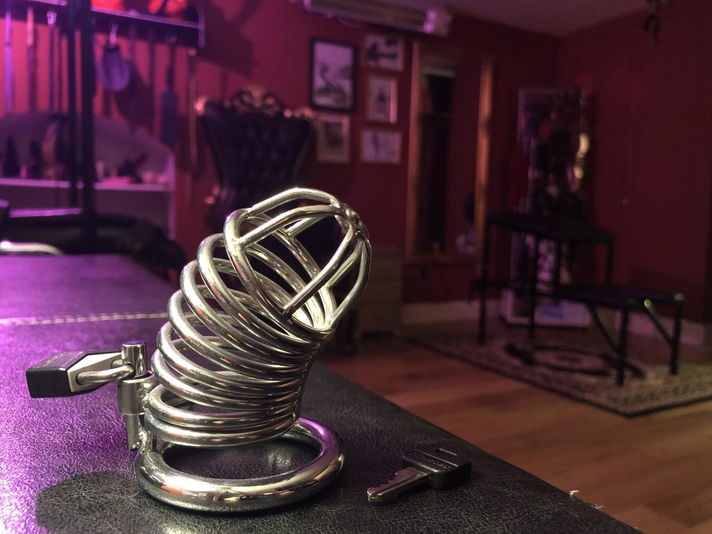 Stainless steel chastity cage resting on a padded bench