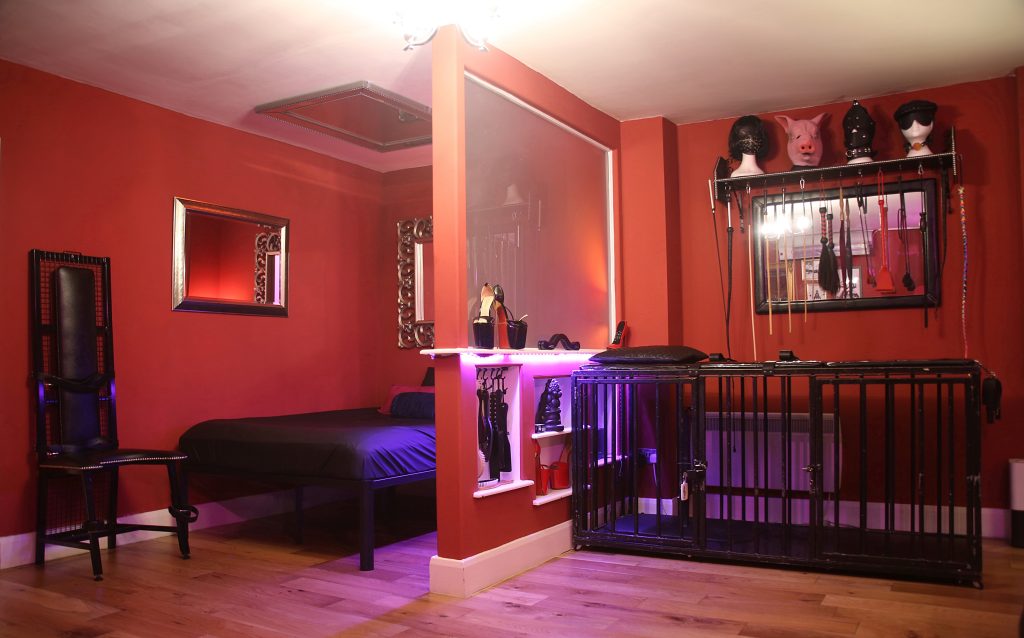Wide view of the red dungeon room with bed, cage bed and mirrored partition