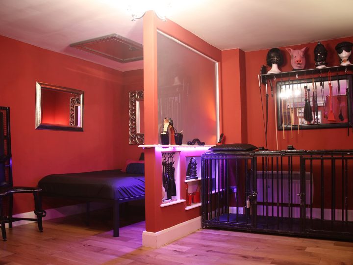 Cage bed and bed in the red dungeon room with mirrors