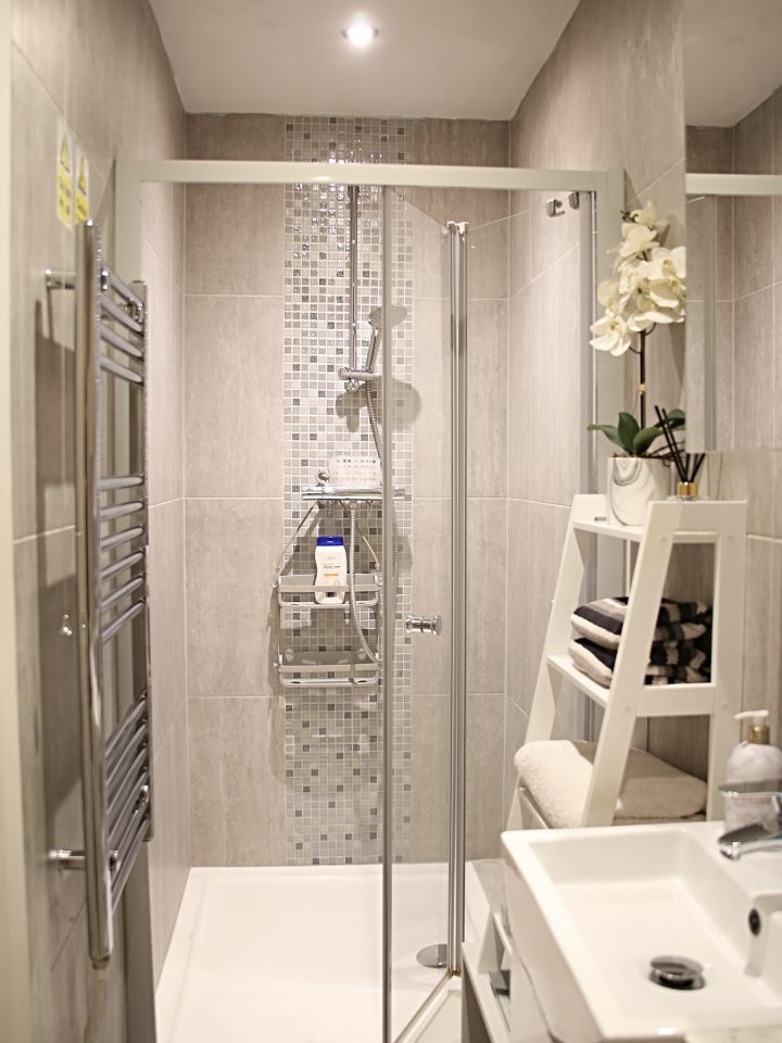 Walk-in shower with glass screen in the private bathroom of the suite