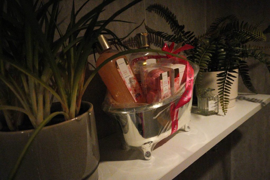 Ice bucket with champagne beside a plant in the suite