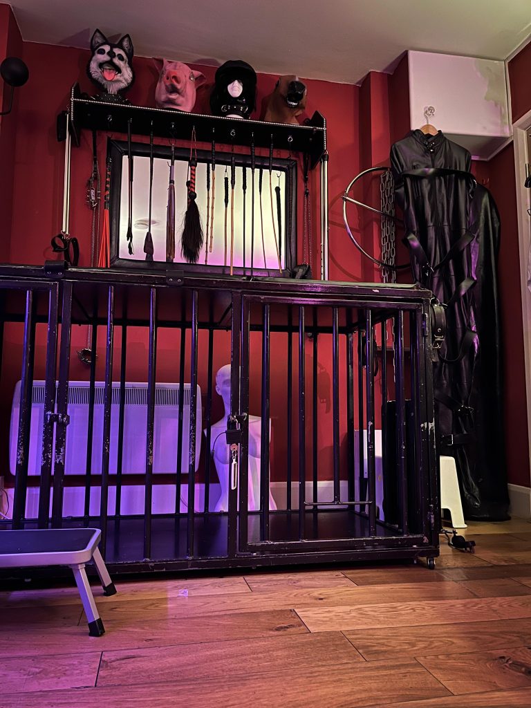 Steel cage bed below a shelf of hoods and masks, with leather gear hanging beside it
