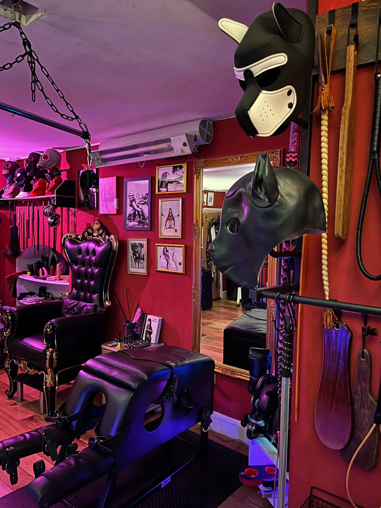 Pup hoods and paddles on the wall beside the throne and spanking horse