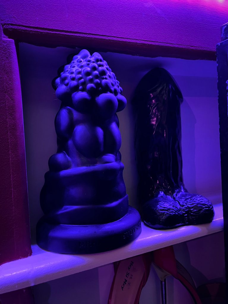 Two oversized fantasy dildos on a shelf lit in purple