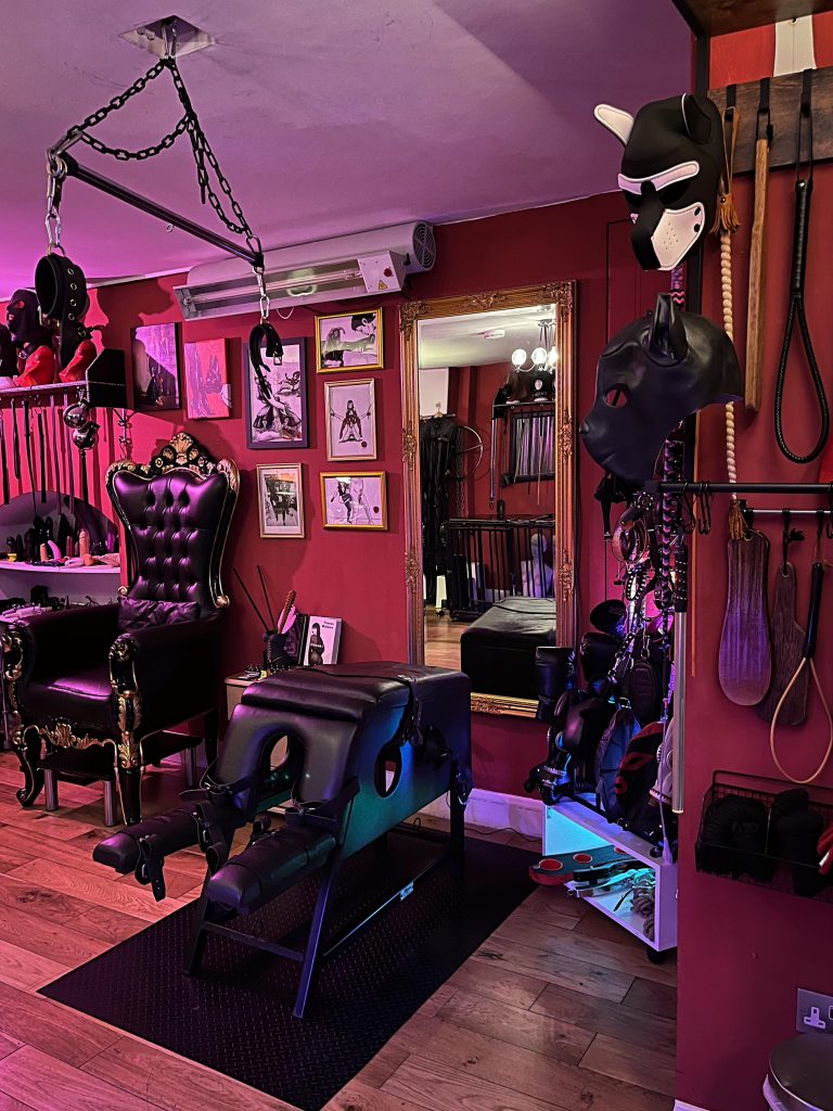 Spanking horse, throne and pup hood on the wall rack