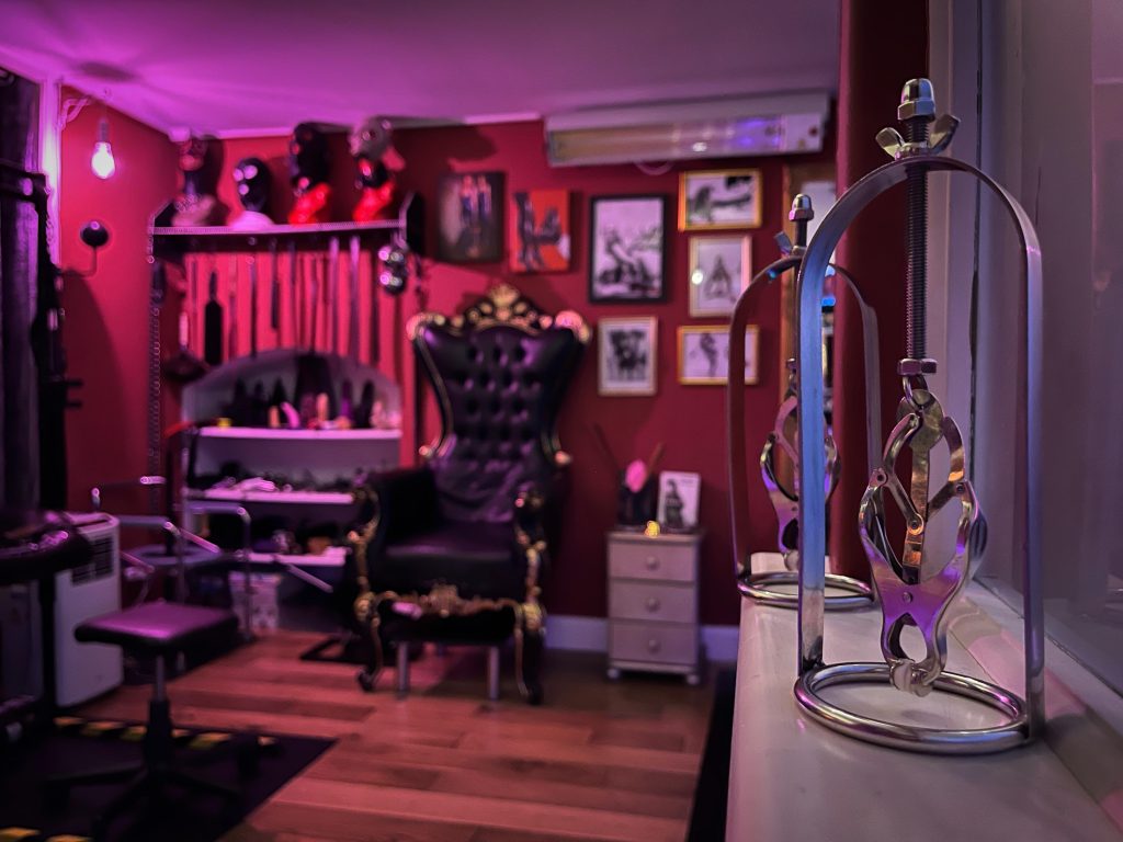 View across the dungeon to the throne and the hood shelf