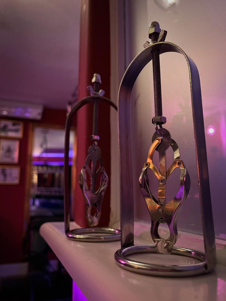 Two polished steel screw-press devices on a white shelf